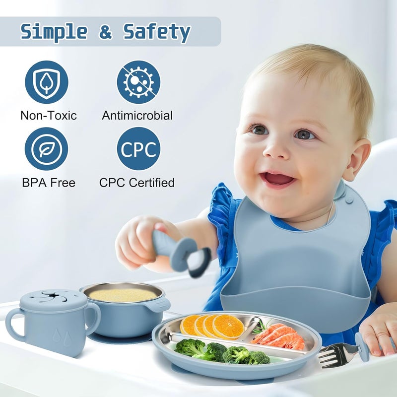 mislili Stainless Steel Kids Plates and Bowls Set with Suction, Divided Baby Plate and Toddler Bowl with Removable Silicone Suction,Stainless Steel Weaning Bundle, Silicone Baby Feeding Set (Blue) - Image 5